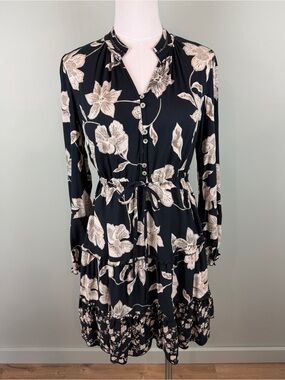 Fat Face Black and Cream Floral Tie-Waist Long Sleeve boho peasant Dress size 6